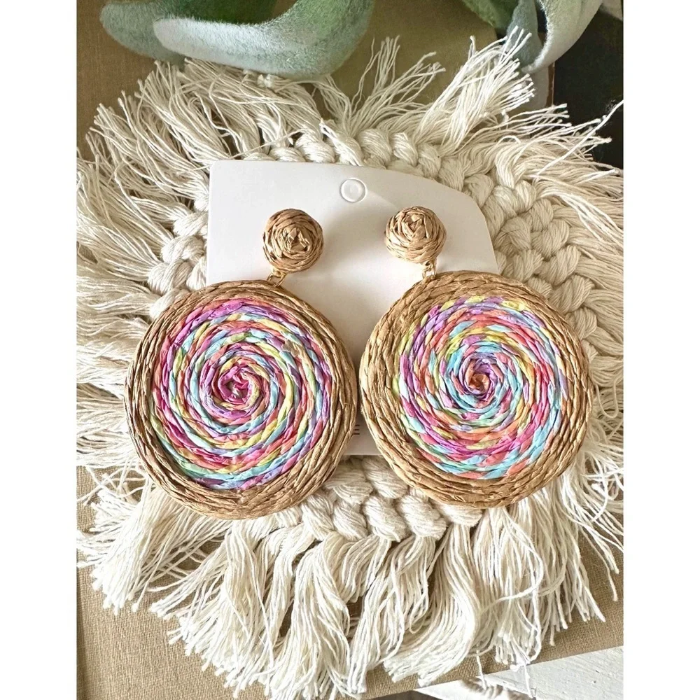 Bohemian style double sides woven round woven rainbow earrings